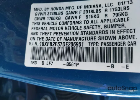 2013 Honda Civic Lx z USA, uszkodzony, nr VIN 19XFB2F57DE206951